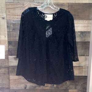 Anthropologie Fleur Wood Black Lace Top with 3/4 Sleeves, NWT
